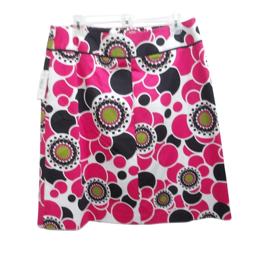 Vibrant Pink Black White Floral Polka Dot Mod A-Line Skirt Knee Length 14/#26634